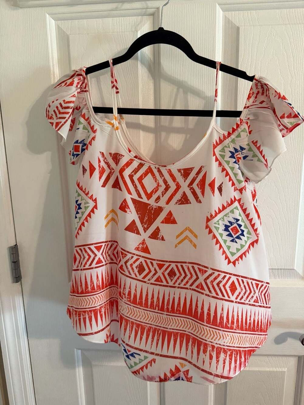 PERSAYA Cold Shoulder Tribal Print Short Sleeve Blouse